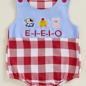 Red & White CHECKERED W/ Blue "OLD MCDONALD HAD A FARM" Baby Romper